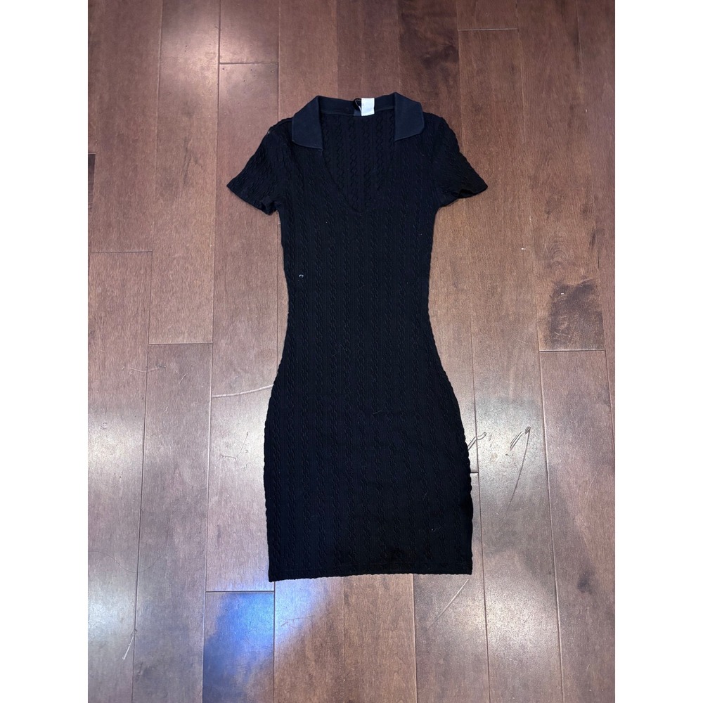 Black Cable Knit Mini Dress Polo Collar V-Neck Short Sleeve Bodycon Textured